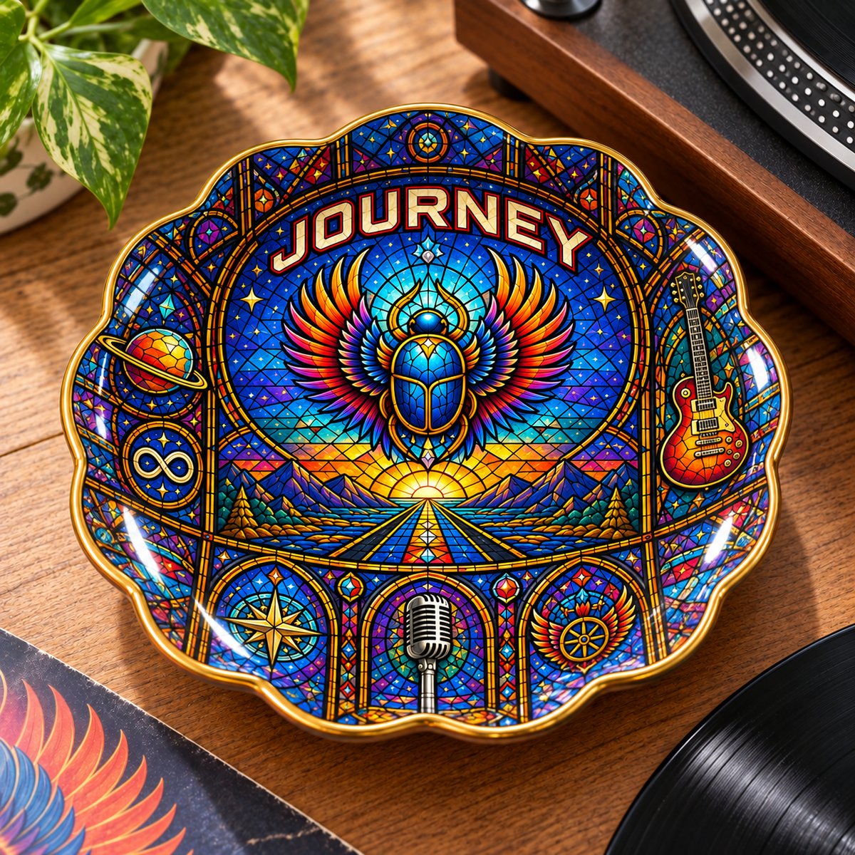 Journey Ceramic Jewelry Dish - Stained Glass Scarab Beetle Trinket Tray, Classic Rock Music Fan Gift & Room Decor