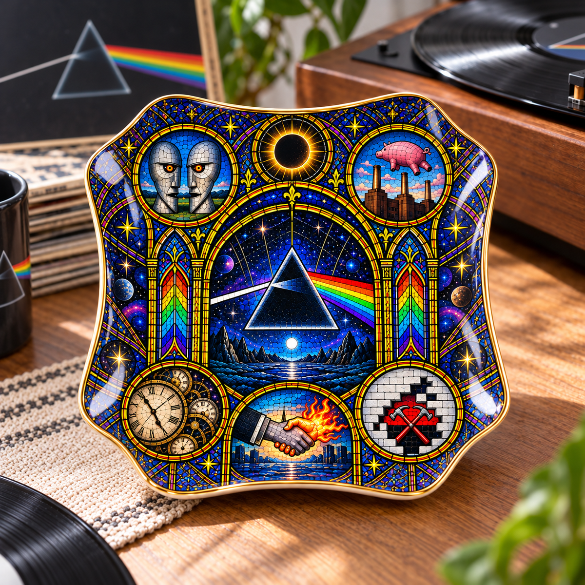 Pink Floyd Ceramic Ring Dish - Prog Rock Dark Side Of The Moon Stained Glass Jewelry Tray, Trinket Dish Fan Gift