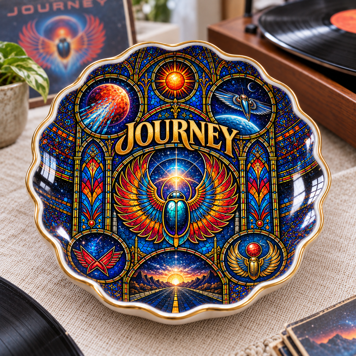 Journey Ceramic Ring Dish - Classic Rock Winged Scarab Stained Glass Jewelry Tray, Band Trinket Dish Fan Gift