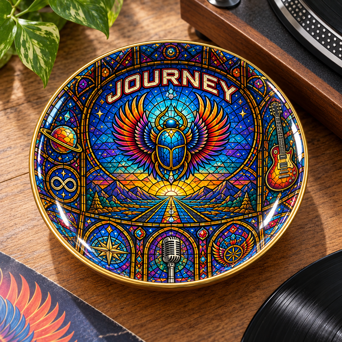 Journey Ceramic Jewelry Dish - Stained Glass Scarab Beetle Trinket Tray, Classic Rock Music Fan Gift & Room Decor