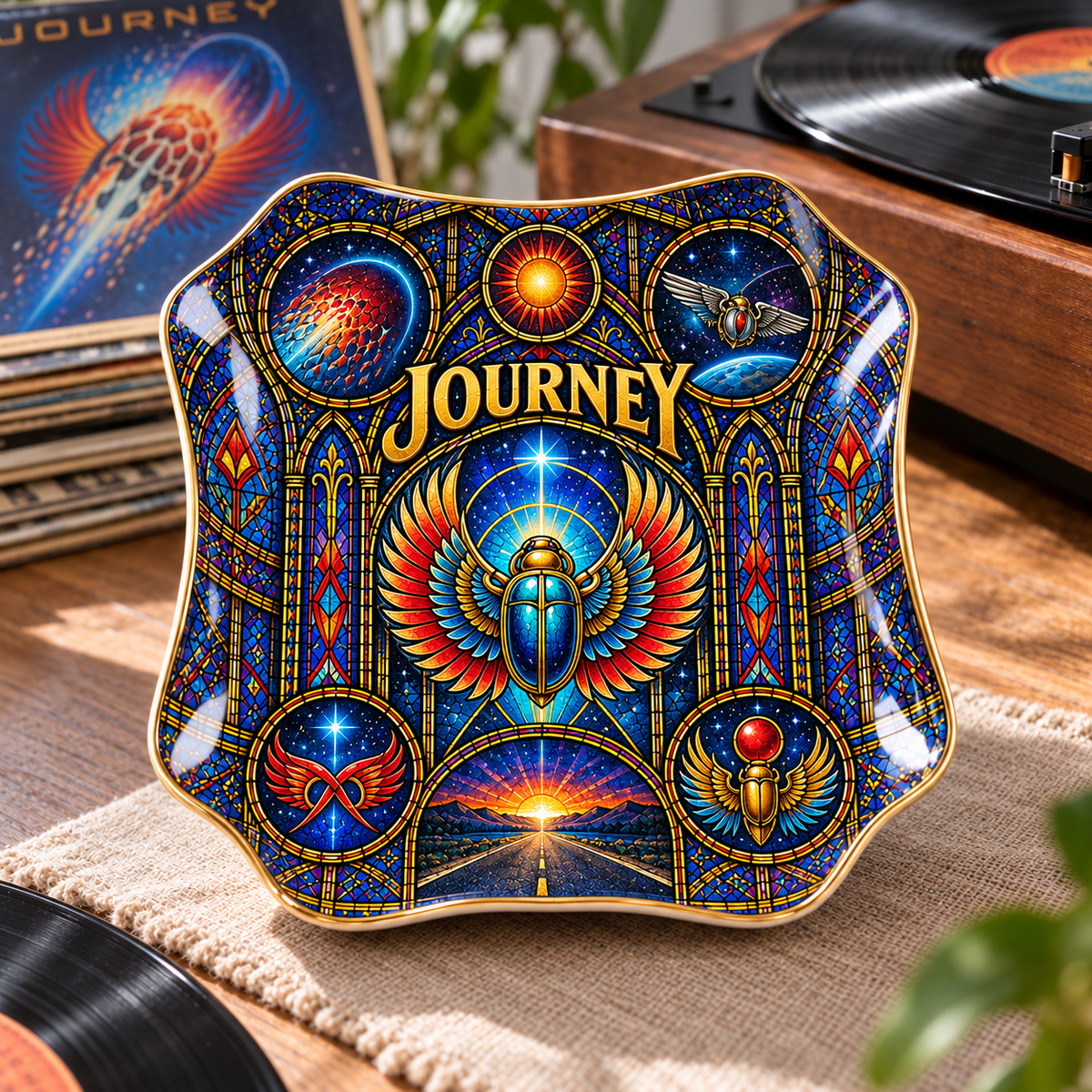 Journey Ceramic Ring Dish - Classic Rock Winged Scarab Stained Glass Jewelry Tray, Band Trinket Dish Fan Gift