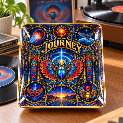 Journey Ceramic Ring Dish - Classic Rock Winged Scarab Stained Glass Jewelry Tray, Band Trinket Dish Fan Gift