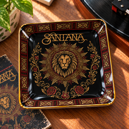 Santana Jewelry Dish – Vintage Black & Gold Lion Ceramic Trinket Tray, Latin Rock Music Ring Holder