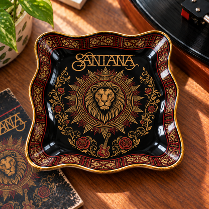 Santana Jewelry Dish – Vintage Black & Gold Lion Ceramic Trinket Tray, Latin Rock Music Ring Holder