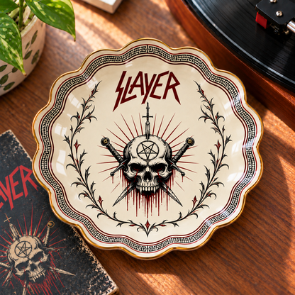 Slayer Jewelry Dish – Thrash Metal Skull & Swords Ceramic Trinket Tray, Gothic Gold Rim Ring Holder