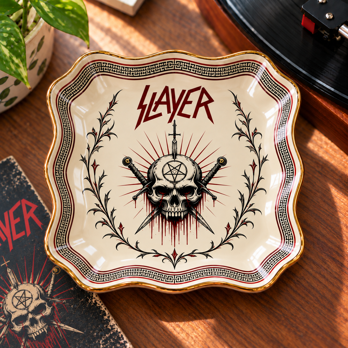 Slayer Jewelry Dish – Thrash Metal Skull & Swords Ceramic Trinket Tray, Gothic Gold Rim Ring Holder