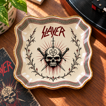 Slayer Jewelry Dish – Thrash Metal Skull & Swords Ceramic Trinket Tray, Gothic Gold Rim Ring Holder