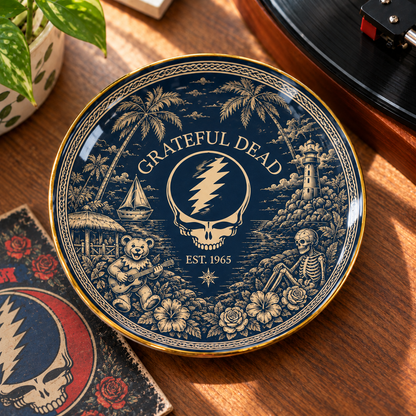 Grateful Dead Jewelry Dish – Navy Blue Steal Your Face Skull Trinket Tray, Vintage Gold Ceramic Ring Holder