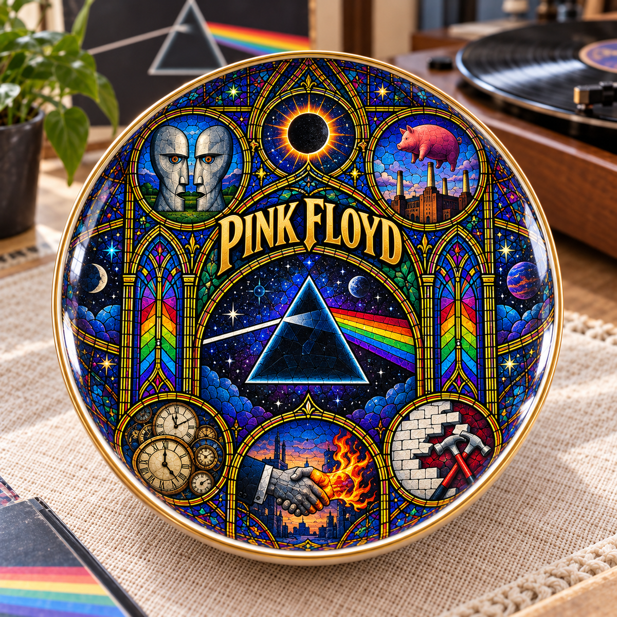 Pink Floyd Ceramic Ring Dish - Prog Rock Dark Side Of The Moon Stained Glass Jewelry Tray, Trinket Dish Fan Gift