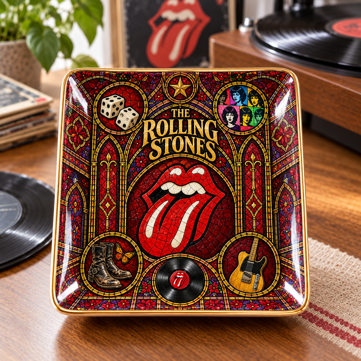 The Rolling Stones Ceramic Ring Dish - Classic Rock Stained Glass Jewelry Tray, Tongue Logo Trinket Dish Fan Gift