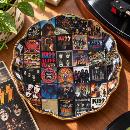 KISS Album Cover Jewelry Dish – Vintage Rock Music Collage Trinket Tray, Wavy Ceramic Ring Holder