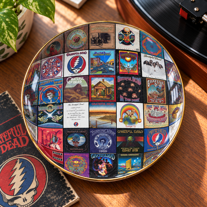 Grateful Dead Album Cover Jewelry Dish – Vintage Psychedelic Rock Collage Trinket Tray, Wavy Ceramic Ring Holder