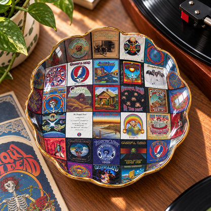 Grateful Dead Album Cover Jewelry Dish – Vintage Psychedelic Rock Collage Trinket Tray, Wavy Ceramic Ring Holder