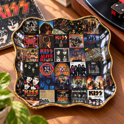 KISS Album Cover Jewelry Dish – Vintage Rock Music Collage Trinket Tray, Wavy Ceramic Ring Holder
