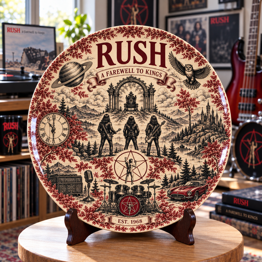 Rush Red Toile de Jouy Ceramic Plate - Decorative Display Dish, Classic Prog Rock A Farewell to Kings Home Decor Fan Gift