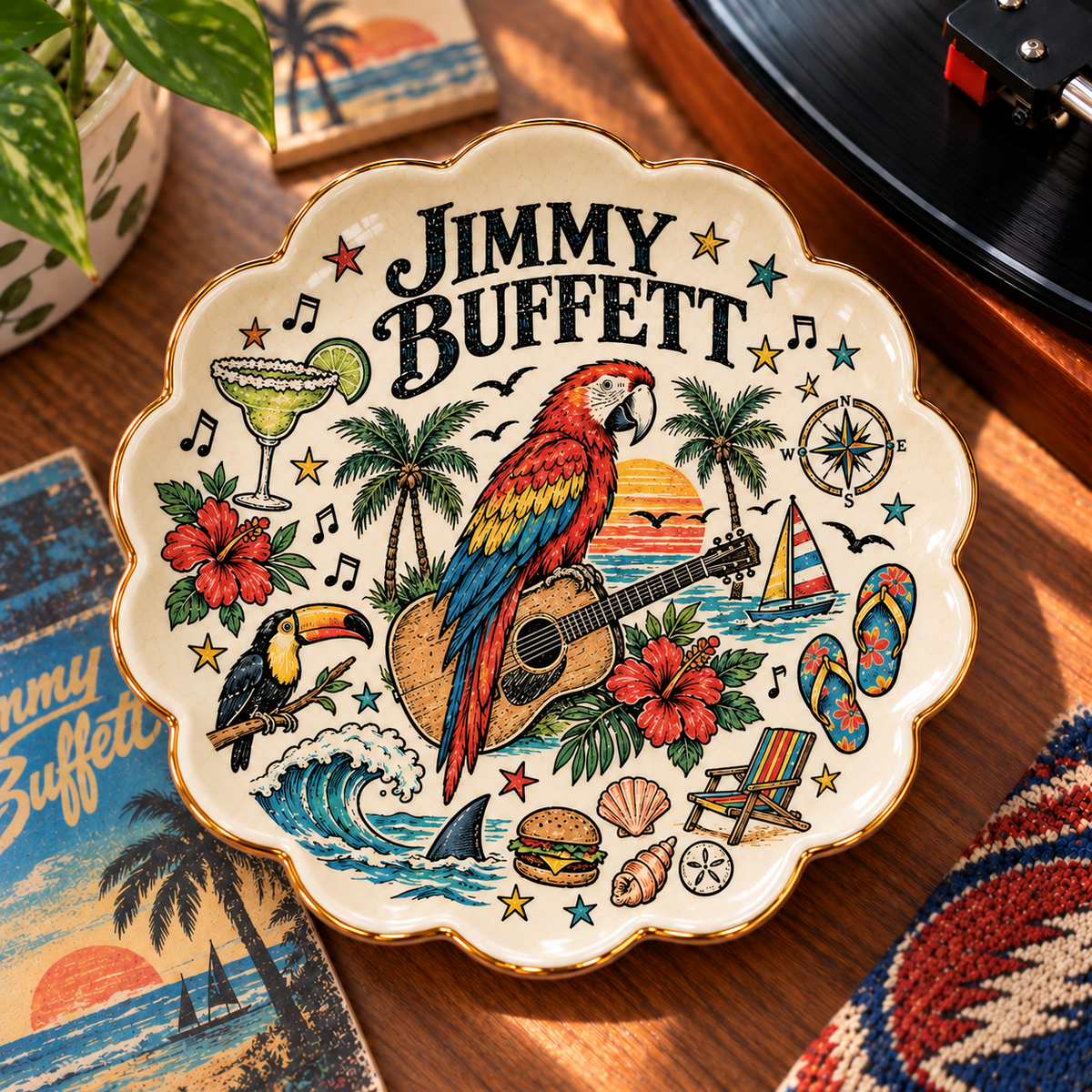 Jimmy Buffett Ceramic Jewelry Dish - Margaritaville Parrot Trinket Tray, Tropical Rock Music Fan Gift & Room Decor