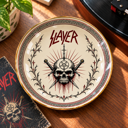 Slayer Jewelry Dish – Thrash Metal Skull & Swords Ceramic Trinket Tray, Gothic Gold Rim Ring Holder