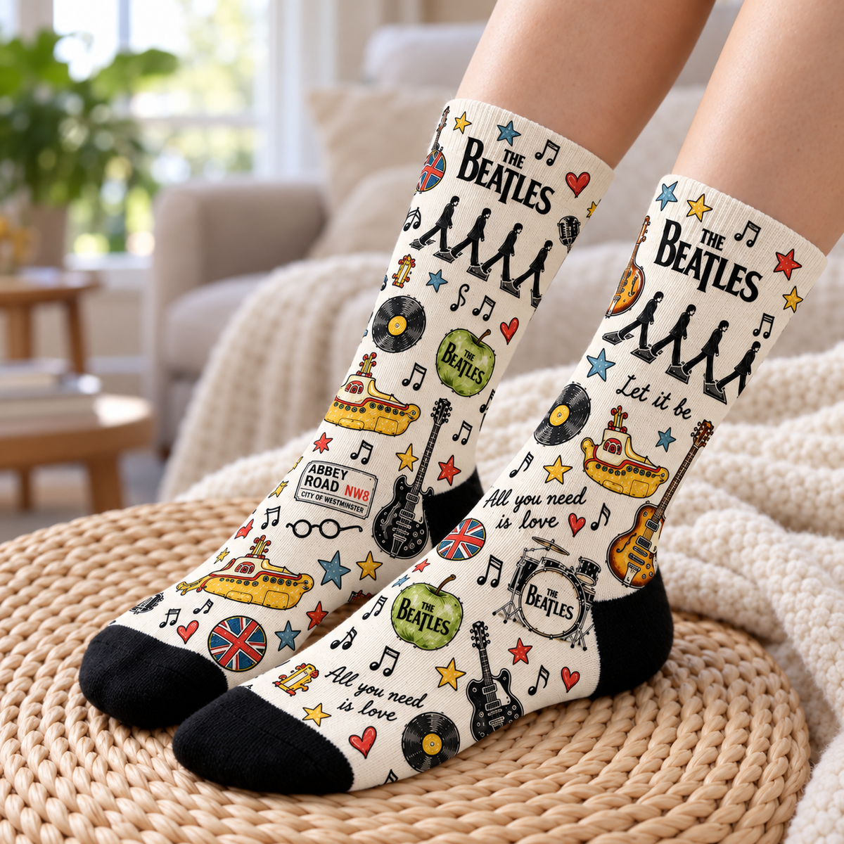 The Beatles Middle Tube Socks - Abbey Road Sketch Style Printed Band Socks, Classic Rock Music Fan Gift