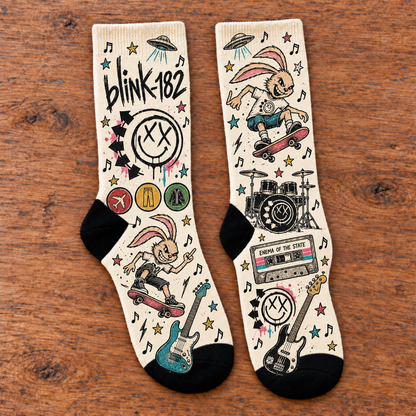 Blink-182 Pop Punk Middle Tube Socks - Vintage Doodle Skater Socks, Enema of the State Album Fan Gift for Men & Women