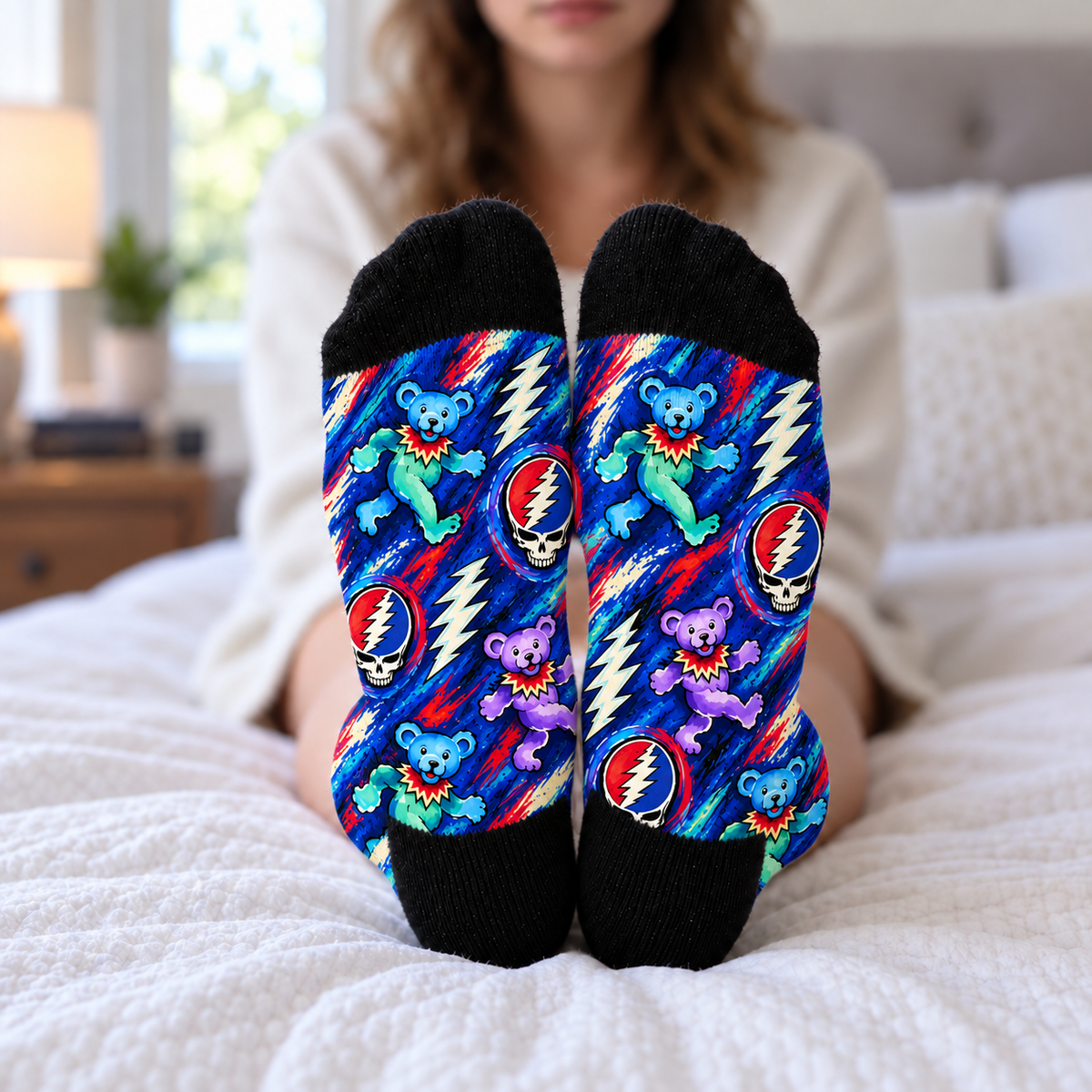 Grateful Dead Painterly Middle Tube Socks - Blue Brushstroke Dancing Bears Printed Socks, Rock Band Fan Gift