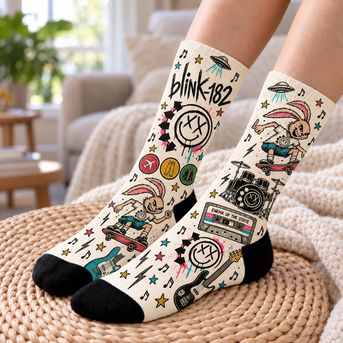 Blink-182 Pop Punk Middle Tube Socks - Vintage Doodle Skater Socks, Enema of the State Album Fan Gift for Men & Women
