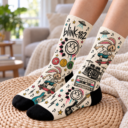 Blink-182 Pop Punk Middle Tube Socks - Vintage Doodle Skater Socks, Enema of the State Album Fan Gift for Men & Women