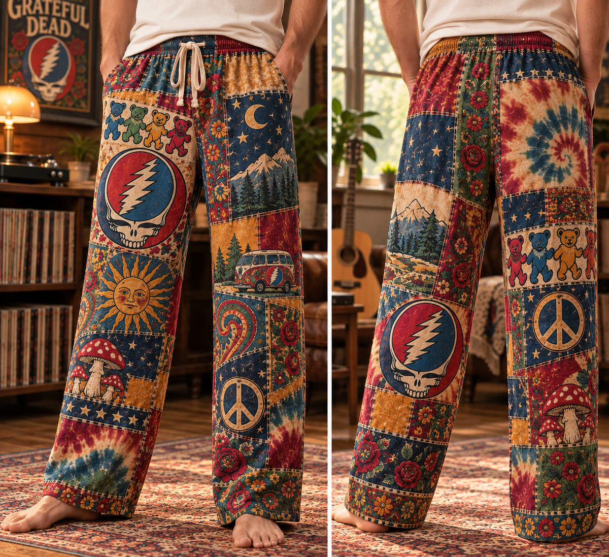 Grateful Dead Rock Band Pajama Pants - Christmas Holiday Lounge Pants, Deadhead Fan Sleepwear & Gift for Men