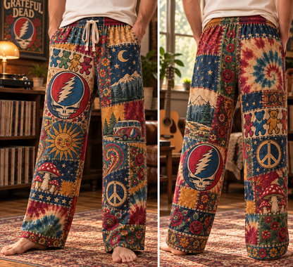 Grateful Dead Rock Band Pajama Pants - Christmas Holiday Lounge Pants, Deadhead Fan Sleepwear & Gift for Men