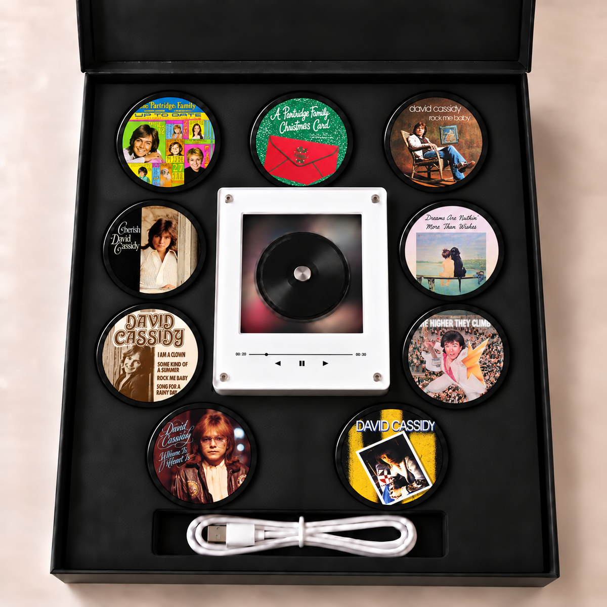David Cassidy MagTune Mini CD Player Light - Premium 70s Pop Music Merchandise, Rock Me Baby Album Art LED Night Light Tabletop Decor Gift