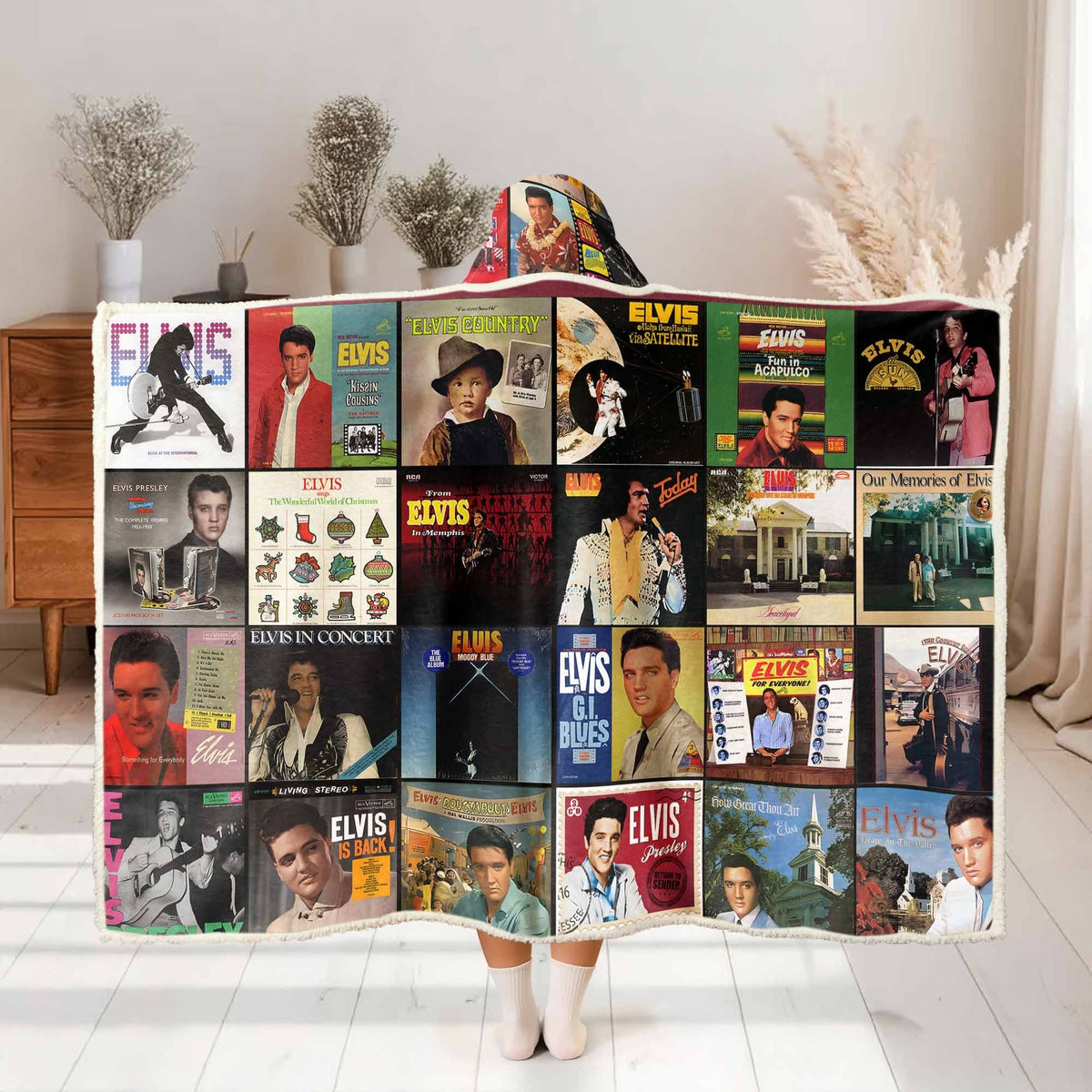 Elvis Presley Album Collage Wearable Hooded Blanket – Retro Rock ‘n’ Roll Cozy Throw for Fans