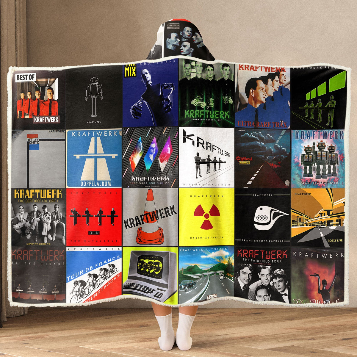Kraftwerk Album Collage Wearable Hooded Blanket – Retro Electronic Music Throw for Fans