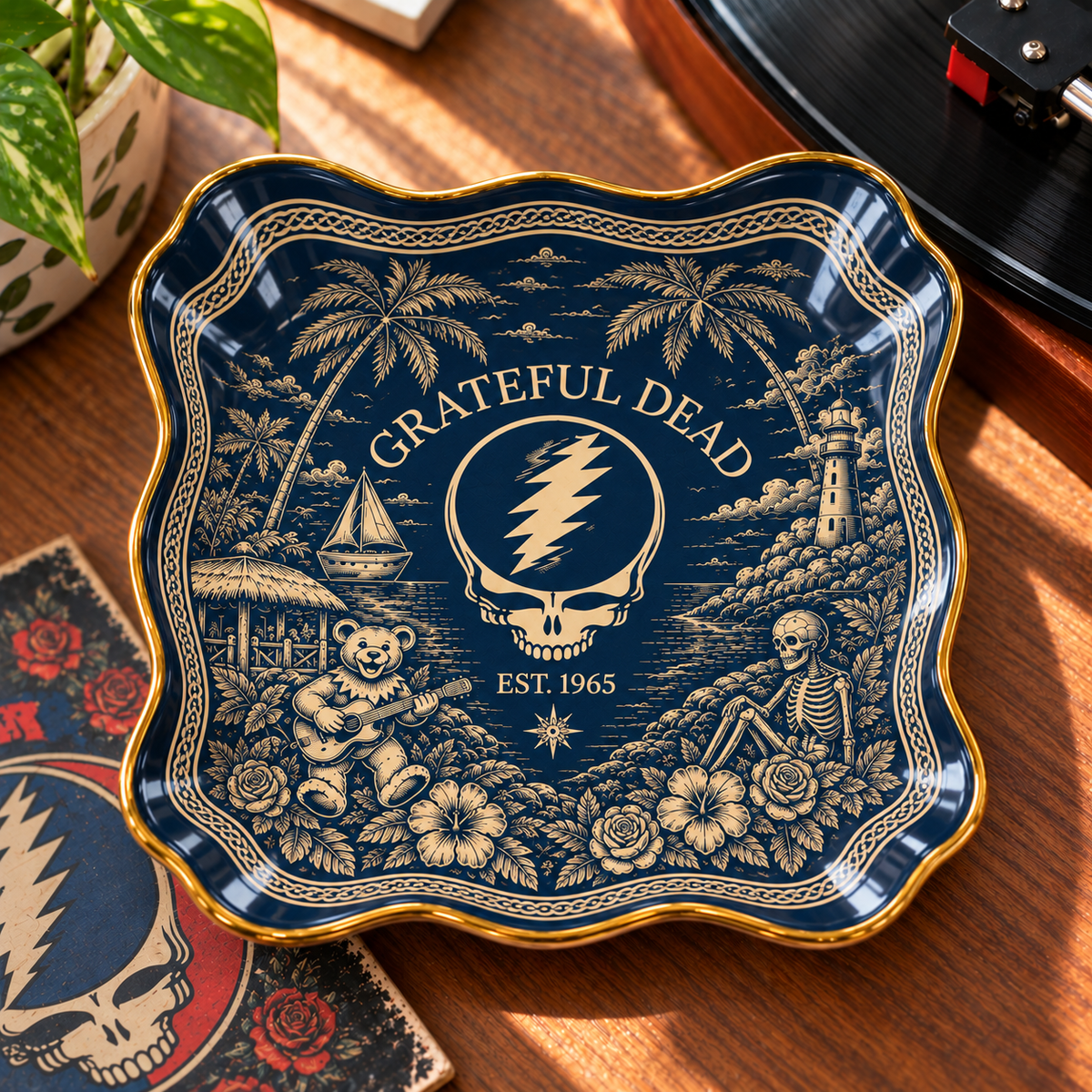 Grateful Dead Jewelry Dish – Navy Blue Steal Your Face Skull Trinket Tray, Vintage Gold Ceramic Ring Holder