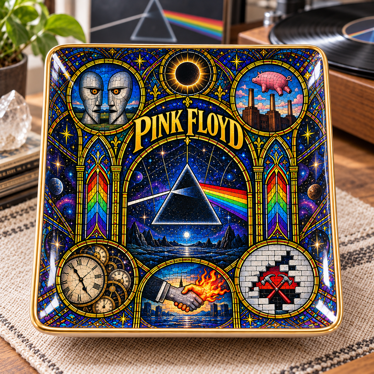 Pink Floyd Ceramic Ring Dish - Prog Rock Dark Side Of The Moon Stained Glass Jewelry Tray, Trinket Dish Fan Gift