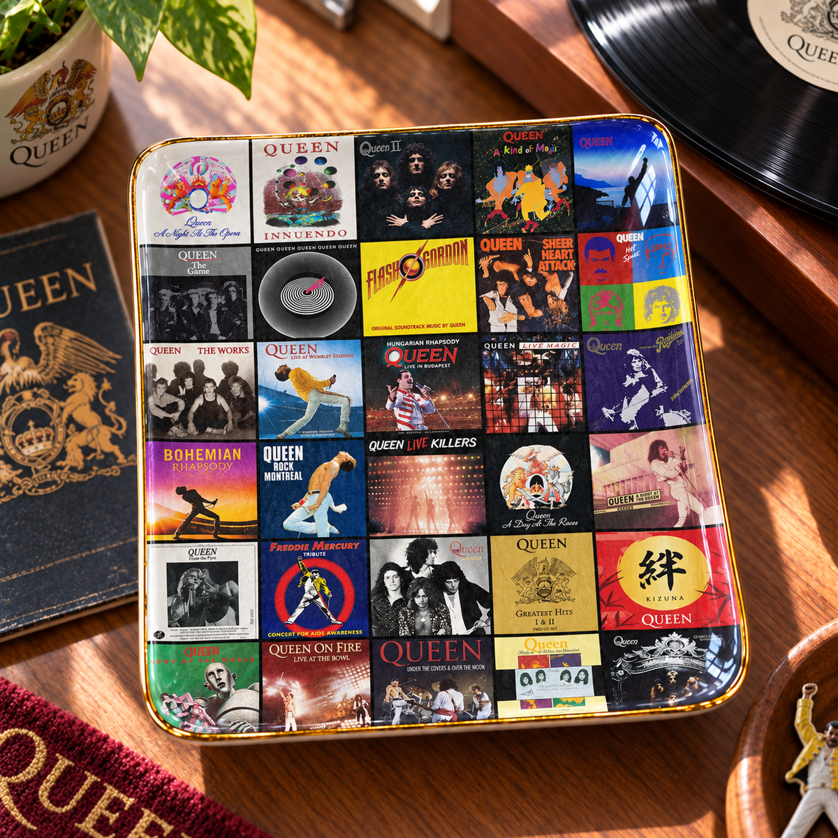 Queen Ceramic Ring Dish - Classic Rock Album Cover Trinket Tray, Gold-Rimmed Jewelry Holder & Band Gift