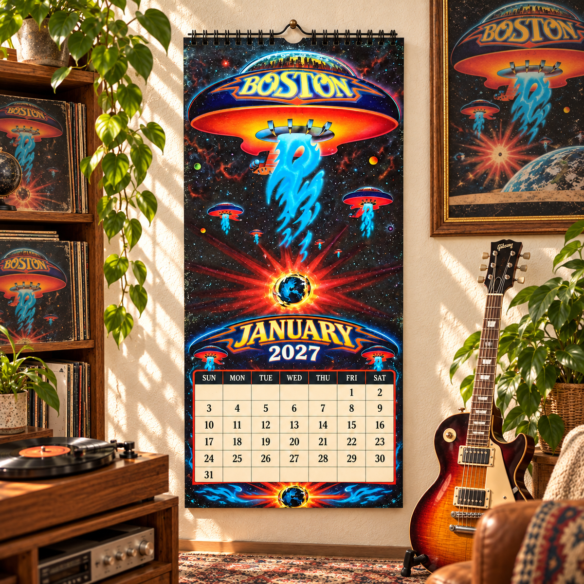 Boston Band Wall Calendar 2027 - 12-Month Classic Rock Music Merchandise & Spaceship Album Art Decor