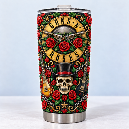 Guns N' Roses 3D Printed Tumbler - 20oz Stainless Steel Insulated Travel Coffee Mug with Lid - Hard Rock Band Music Merchandise Gift