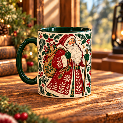 Nordic Folk Art Santa Ceramic Mug - Aesthetic Christmas Floral & Pine Cone Holiday Mug Home Decor