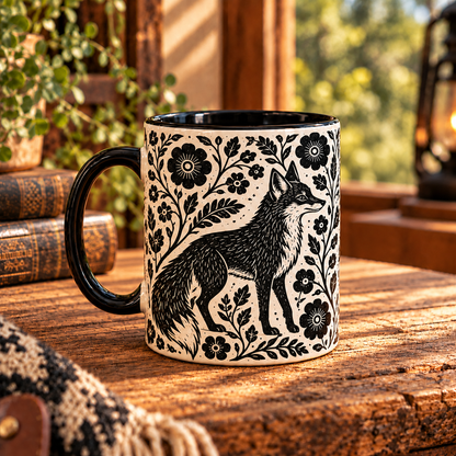 Fox Botanical Linocut Ceramic Mug - Aesthetic Black & White Forest Animals Coffee Cup Home Decor