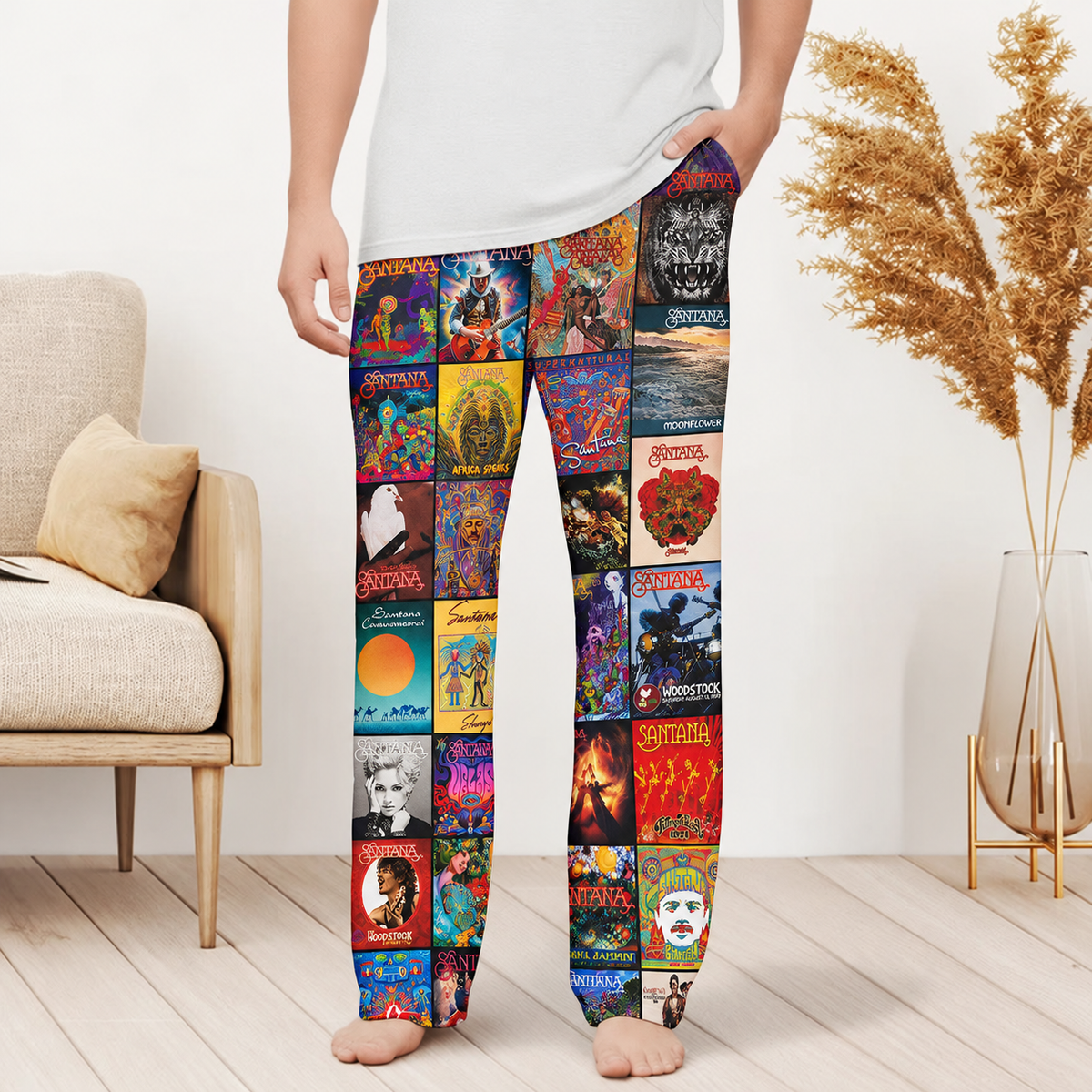 Santana Pajama Pants - Retro Carlos Santana Discography Artwork Collage Printed Sleepwear Pants - Perfect Holiday Gift for Classic Rock Fans