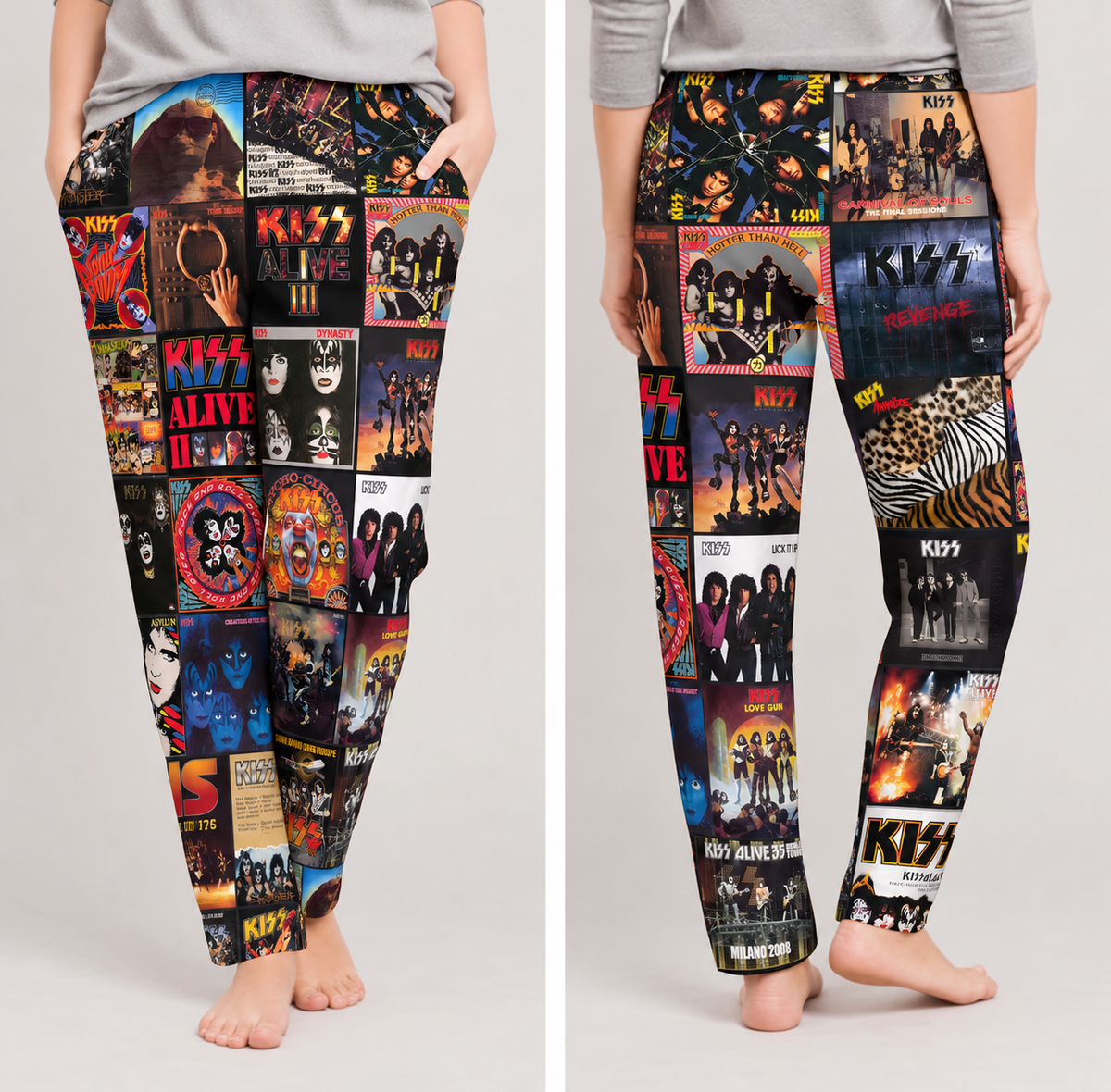KISS Pajama Pants - Retro Gene Simmons & Paul Stanley Discography Artwork Collage Printed Sleepwear Pants - Perfect Holiday Gift for Rock Fans