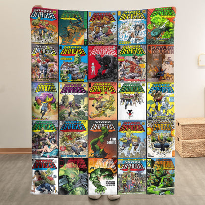 Savage Dragon Comic Album Collage Sherpa Blanket – Erik Larsen Superhero Throw Blanket for Cozy Home Decor