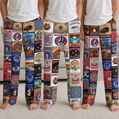 Grateful Dead Pajama Pants - Psychedelic Rock Album Cover Grid Collage Soft Sleep Lounge Pants with Pockets for Men & Women Music Gift