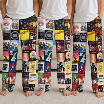 Queen Pajama Pants - Classic Rock & Glam Rock Album Cover Grid Collage Soft Sleep Lounge Pants with Pockets for Men & Women Music Gift