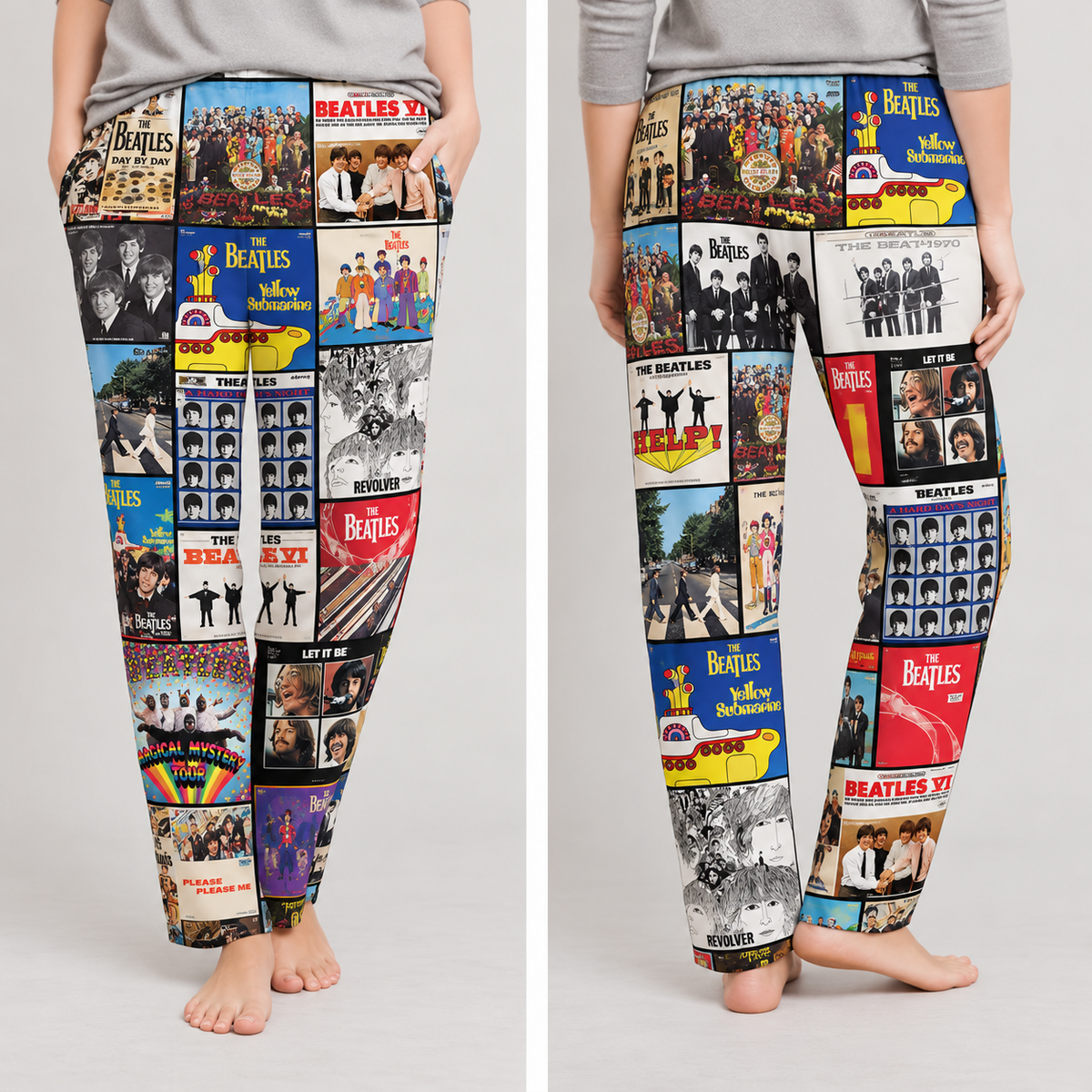 The Beatles Pajama Pants - Classic Rock Album Cover Grid Collage Soft Sleep Lounge Pants with Pockets for Men & Women Music Gift
