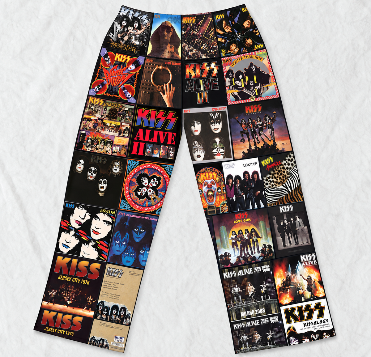 KISS Pajama Pants - Retro Gene Simmons & Paul Stanley Discography Artwork Collage Printed Sleepwear Pants - Perfect Holiday Gift for Rock Fans
