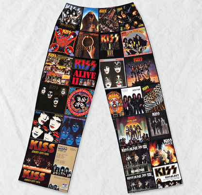 KISS Pajama Pants - Retro Gene Simmons & Paul Stanley Discography Artwork Collage Printed Sleepwear Pants - Perfect Holiday Gift for Rock Fans
