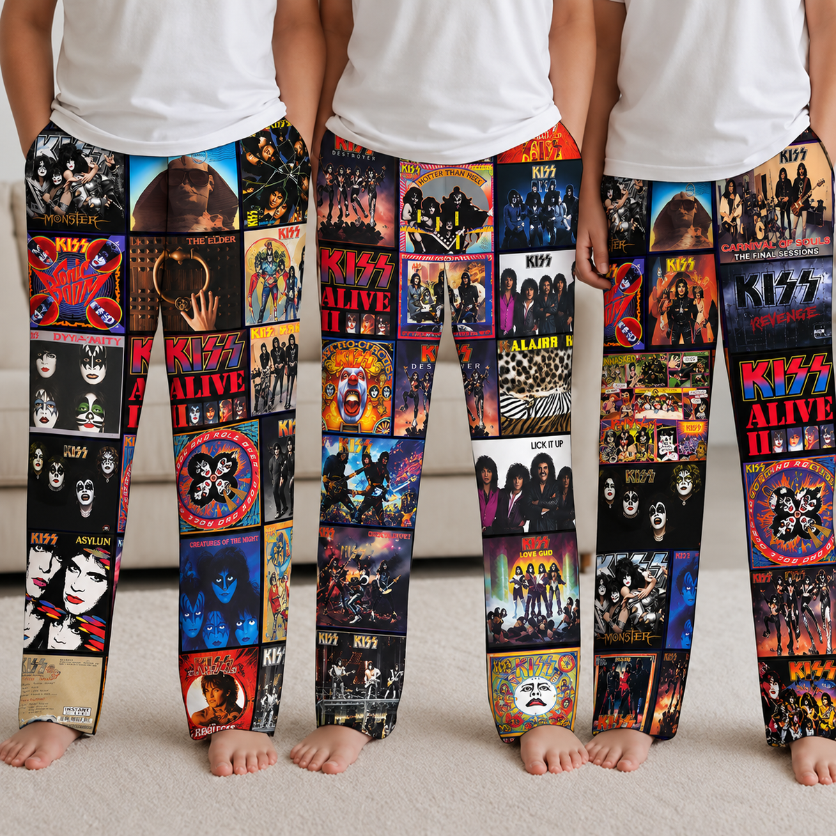 KISS Pajama Pants - Retro Gene Simmons & Paul Stanley Discography Artwork Collage Printed Sleepwear Pants - Perfect Holiday Gift for Rock Fans