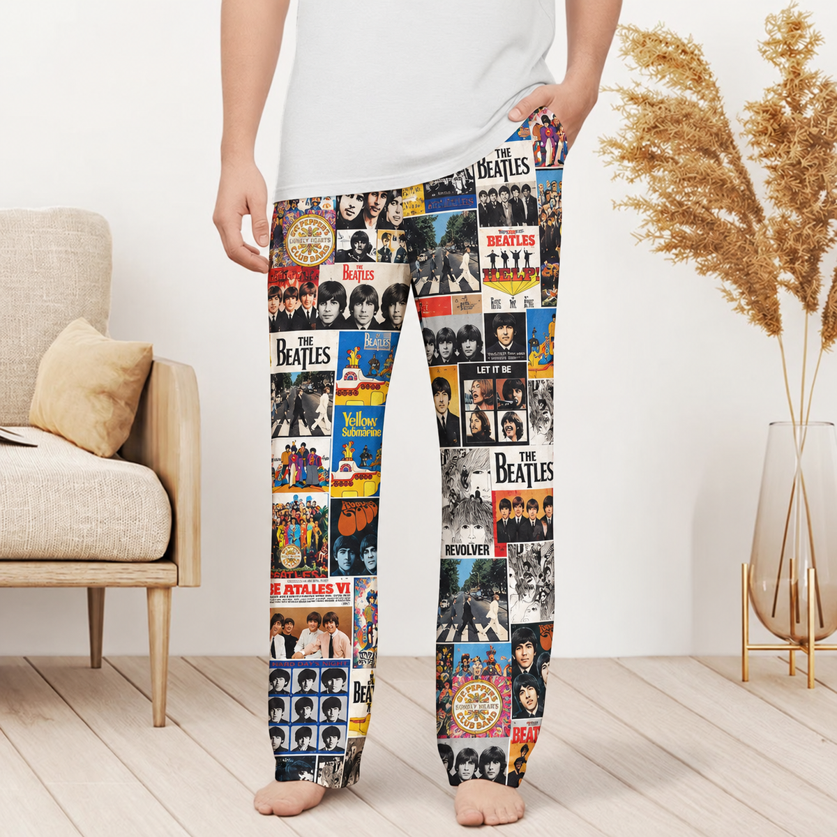 The Beatles Pajama Pants - Classic Rock Album Cover Grid Collage Soft Sleep Lounge Pants with Pockets for Men & Women Music Gift