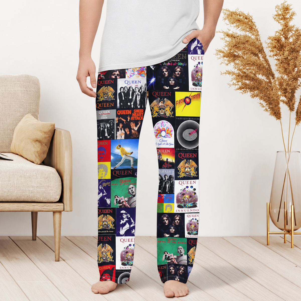 Queen Pajama Pants - Classic Rock & Glam Rock Album Cover Grid Collage Soft Sleep Lounge Pants with Pockets for Men & Women Music Gift