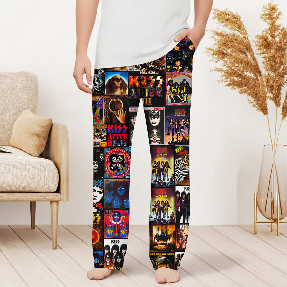 KISS Pajama Pants - Retro Gene Simmons & Paul Stanley Discography Artwork Collage Printed Sleepwear Pants - Perfect Holiday Gift for Rock Fans